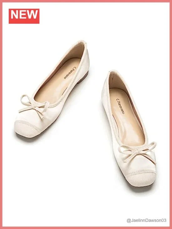 Leather Square Toe Bow Ballet Flats Slip-on Women's Shoes