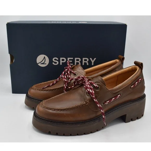 Sperry 2 Eye Women Size 8 Brown Leather Lug Slip On Boat Shoes Coquette Preppy