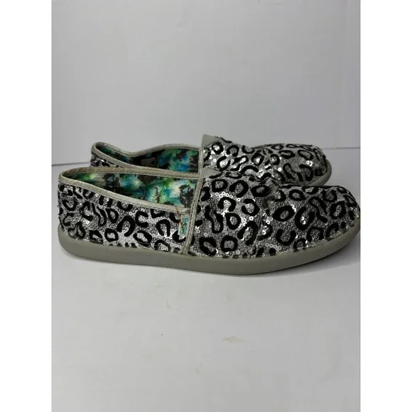 Skechers‎ Bobs Womens Leopard Sequin Slip On Flats Silver Black SN 85040L Size 6