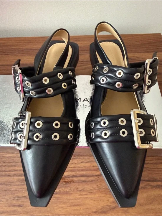 NWOT Luomanli Black Faux Leather Flats with Studded Double Adjustable Buckles.