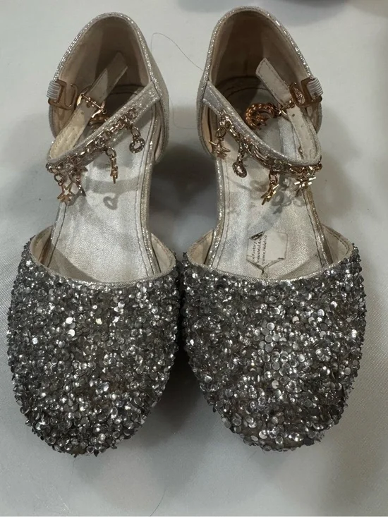 Girls' Glittery Silver Ankle-Strap Dress Shoes