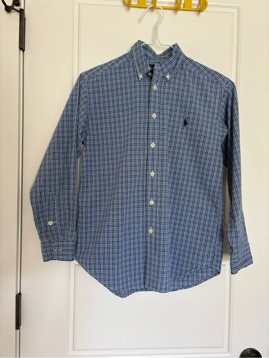 Ralph Lauren Boys Blue Plaid Button Down Shirt Sz M