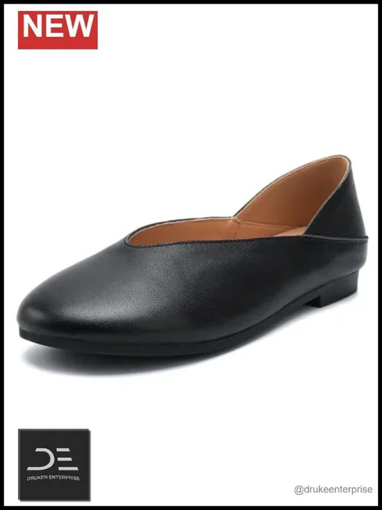 Women's Classic Leather Ballet Flats – Soft Genuine Leather Round Toe Slip-Ons
