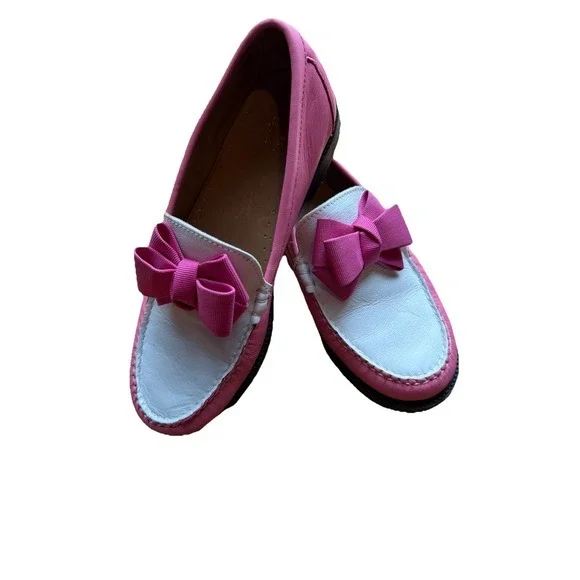 G.H.Bass Weejuns Kids 4‎ Pink & White Leather Loafers With Bow Accents 1723
