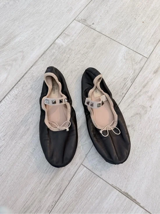 Valentino Black Ballet Flats with Beige Trim and Pyramid Stud Strap