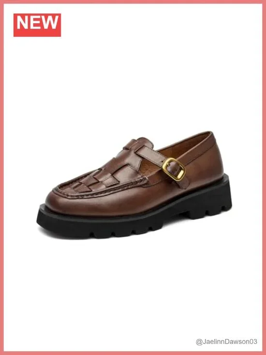 Women's Genuine Leather Platform Loafers - Hand Woven Chunky Slip On Dress Shoes