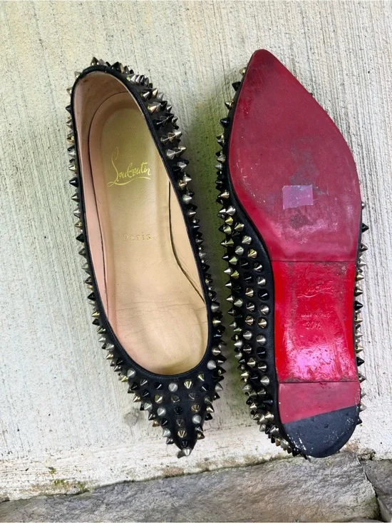 Christian Louboutin Black Studded Pointed Flats with Red Soles
