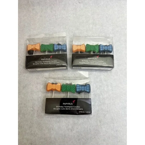 Papyrus Birthday Toothpick Candles Bow Tie Mustache Lot of 3 Packs 18 Total