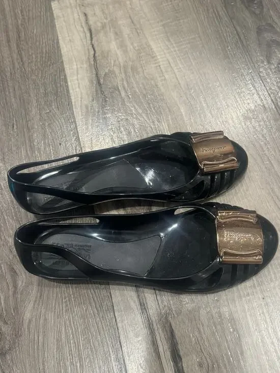 Salvatore Ferragamo Nara Black Jelly Cutout Bow Ballet Flats Size 6