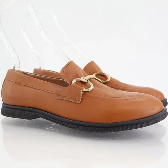 Bruno Magli Nerano Leather Loafers Women Size 38 Brown Gold bit AS IS