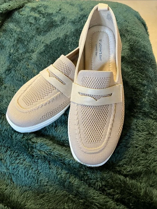 St. John's Bay Women's Knit Slip-On Loafers in Light Beige