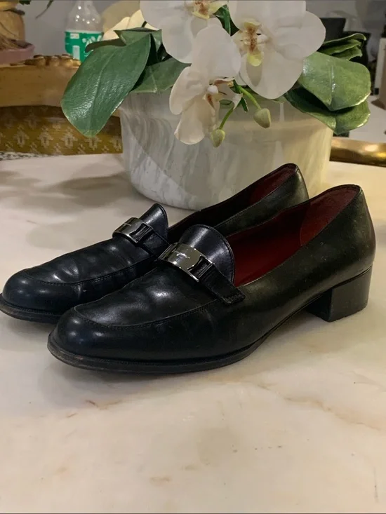 Salvatore Ferragamo Black Leather Loafers with Silver Buckle