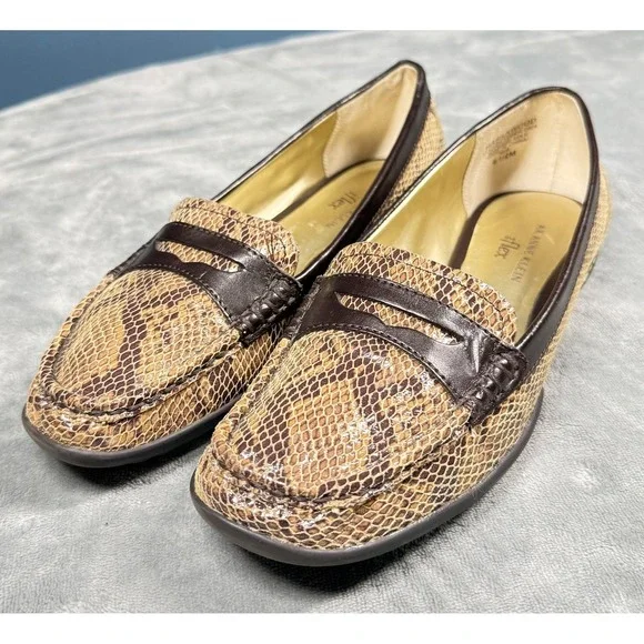 Anne Klein iFlex Loafers Womens 8.5 Brown Snake Print Penny Comfort Flats