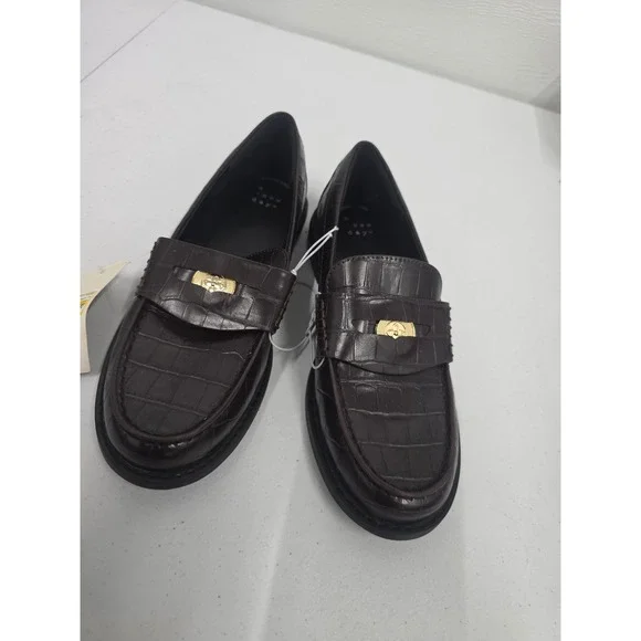 A New Day Womens Brown Croc Embossed Penny Loafers Gold Hardware Size 7 NEW