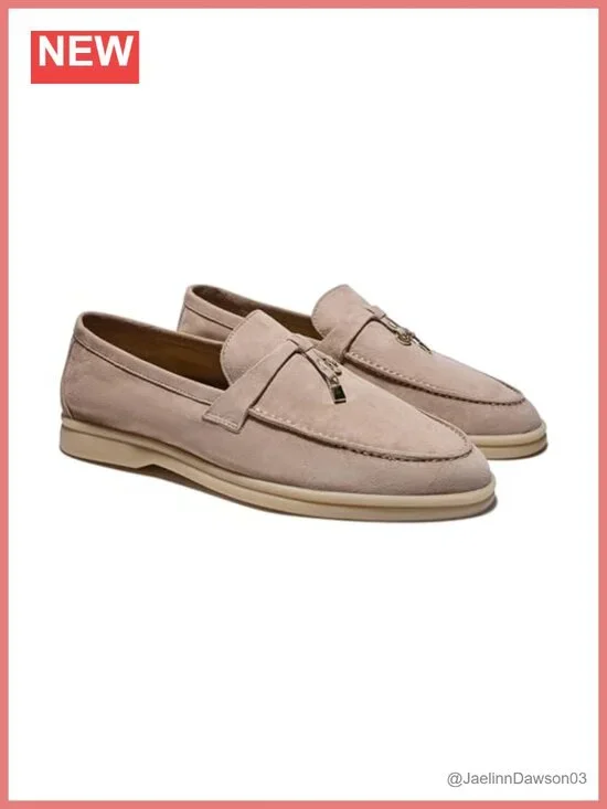 Premium Suede Leather Loafers with Charm Accents Comfort Footbed Slip-On