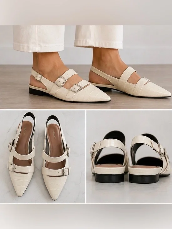 Old Navy Cream Croc-Embossed Pointed Slingback Flats with Dual Buckles