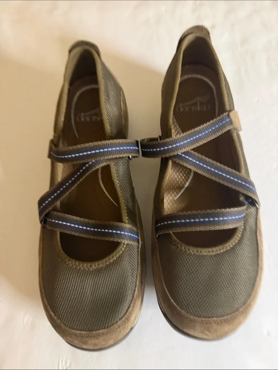 Dansko Olive Green Mary Jane  fabric and suede criss cross straps
