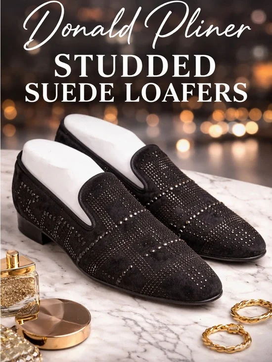 Donald Pliner LIBBISP Crystal Grid  Loafers Black Suede Slip On 9.5