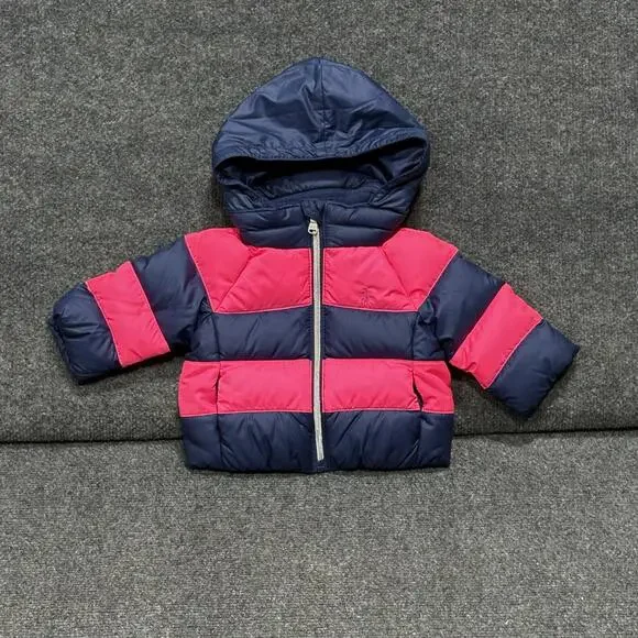Ralph Lauren Jacket Infant Girls 3M Pink Navy Striped Hooded Down Puffer Winter