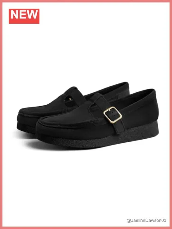 Womens Platform Loafers T-Strap Mary Jane Square Toe Faux Suede Slip On
