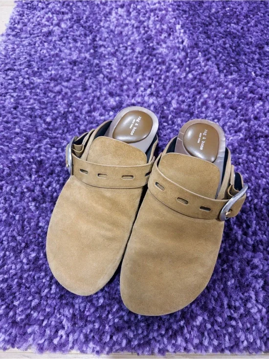 rag & bone Women's Suede Slip-On Clogs in Tan with Buckle
