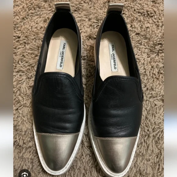Karl Lagerfeld Size 8M Black & Silver Slip-On Loafers