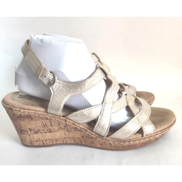 BOC Born‎ Metallic Gold Leather Sandals Cork Wedge Heels Ankle Strap Womens 10 M