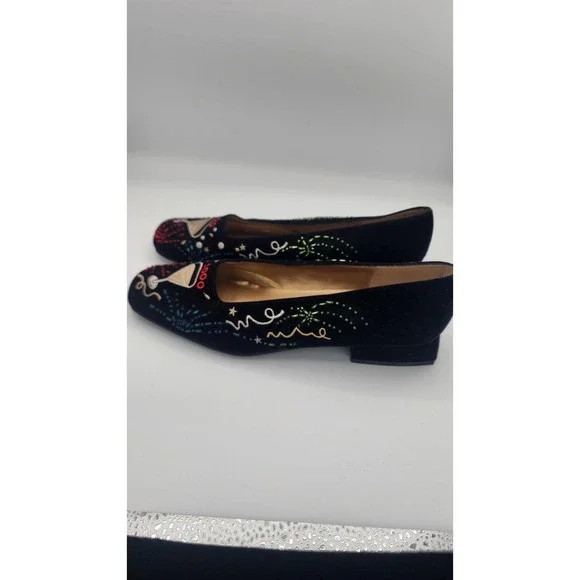 Nina Black Velvet New Years 2000 Martini Beaded Loafers Flats Leather Sole 8.5