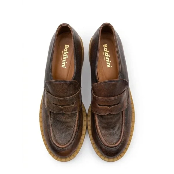 Baldinini Brown Burnished Leather  Loafers Italian Lug Sole Chunky Heel 40 NWOT