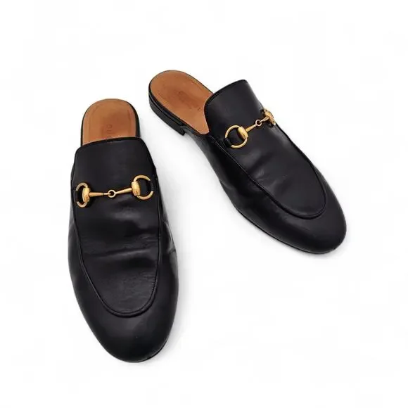 Gucci Princetown Horsebit Flat Mule Black Leather Slipper Size 38.5 US 8.5