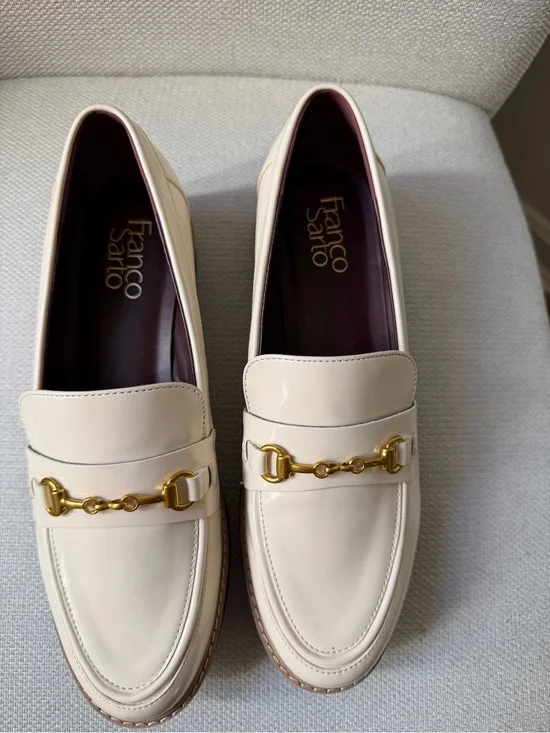Franco Sarto Cream Patent Loafers with Gold Bit and chunky style soles