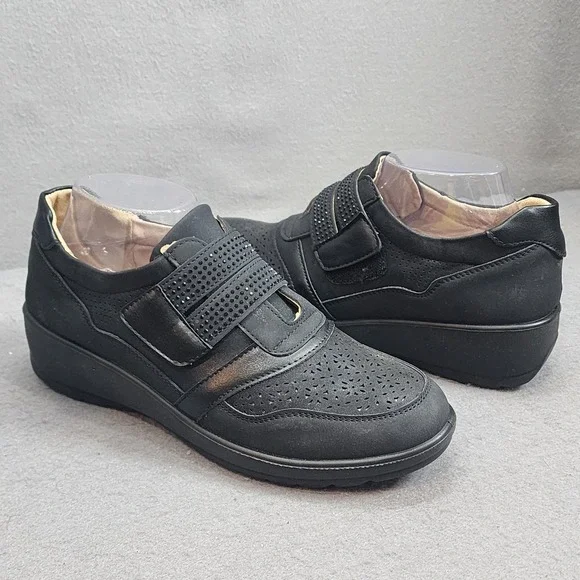 Bella Hanna Laura Wedge Sneakers Black Rhinestone Strap‎ Comfort Womens 8.5