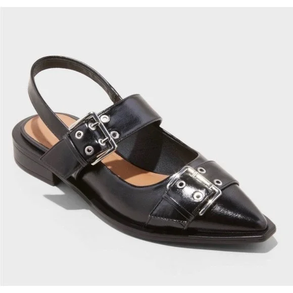Wild Fable Peyton Double Buckle Slingback Flats Black Pointed Toe Womens 10