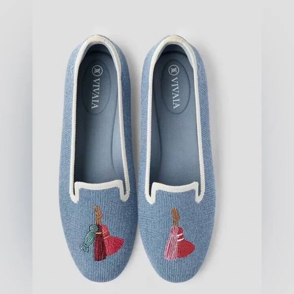 NWOT Women’s VIVAIA Audrey Round-Toe Denim Blue Tassel embroidered Loafers Sz 7