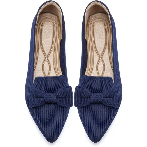 Women Mesh Ballet Blue Flats Bow Pointed Toe Comfortable Dress Shoes for Work