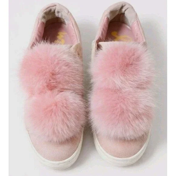 Sam Edelman Pink Suede Pom Pom Slip On Sneakers Womens 6 Blush Faux Fur