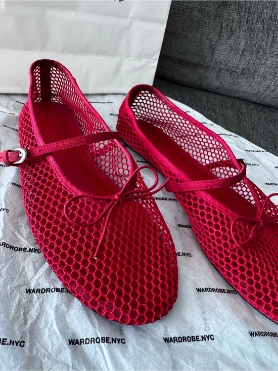 Mango Bright Red Mesh Mary Jane Ballerina Flats with Bow FINAL SALE