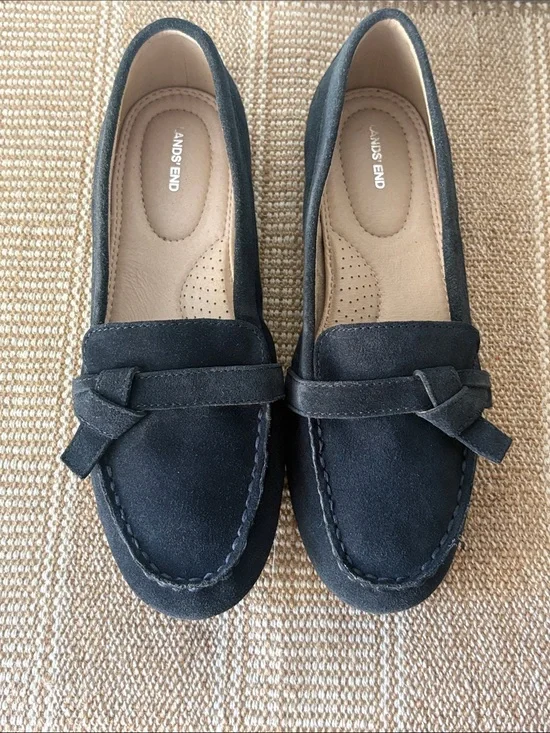 Lands' End Dark Navy Blue Suede Knot-Detail Slip-on Loafers