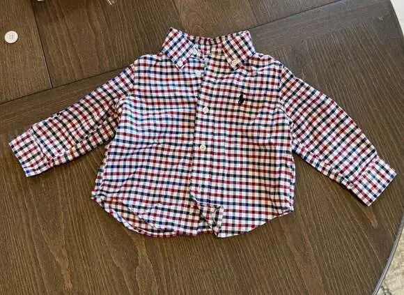 Preppy Ralph Lauren Baby Boy Red Blue Gingham Check Plaid Button Down Shirt 9M