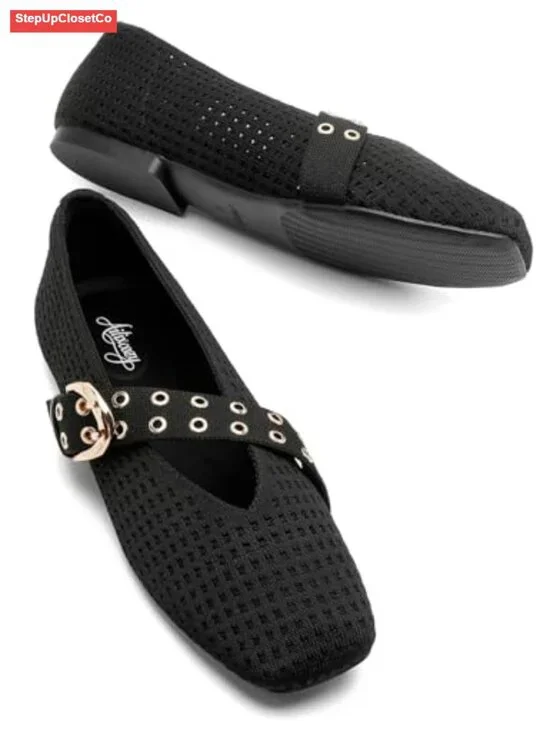 Women's Square Toe Mary Jane Flats with Max Buckle, Breathable Mesh, Arch