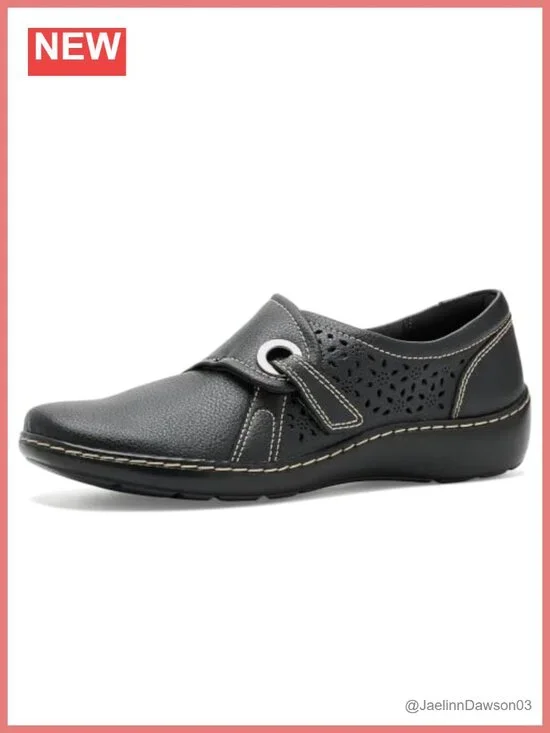 Leather Perforated Casual Loafer Flat with Adjustable Strap