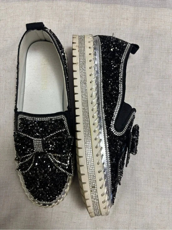 Women’s Black Crystal Bow Slip-On Sneakers