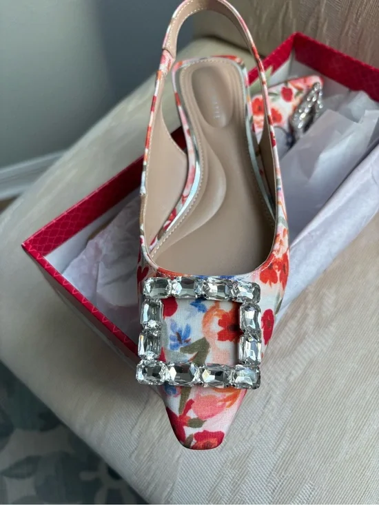 Kelly & Katie Floral Slingback Flat in Cream with Pink & Orange Flowers