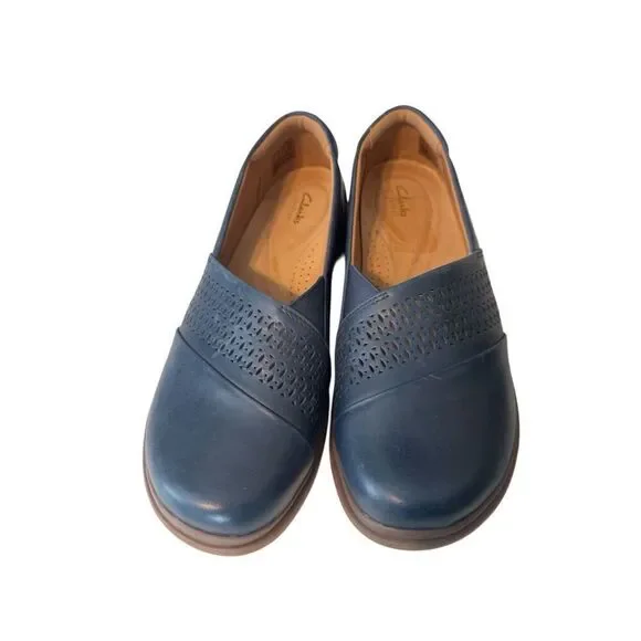 Clarks Certina Edge Women's Slip On Comfort Shoes Blue Leather High Demand Sz 9