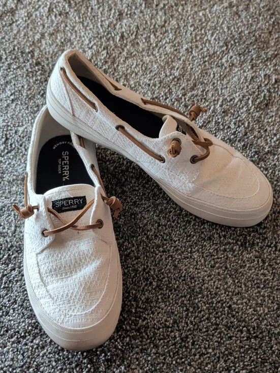 Sperry White Canvas Boat Shoes with Tan Leather Laces