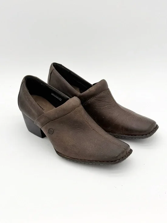 Born Kinney Brown Leather Heeled Clogs Shooties Slip On Shoes Square Toe 9 40.5