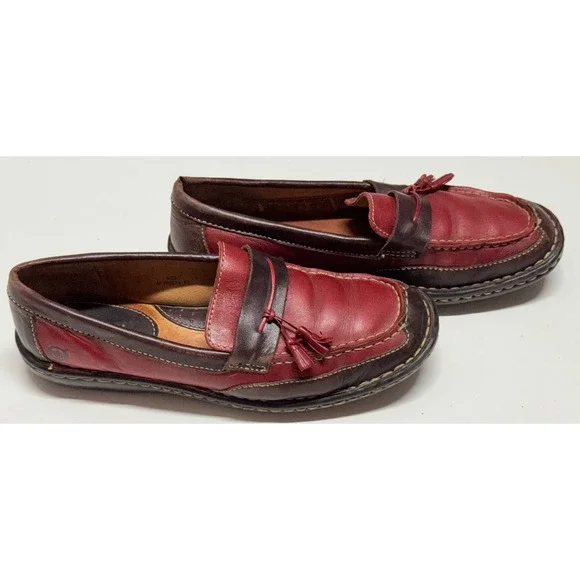 Born Handcrafted Red Brown Leather Tassel Loafers Moc Toe M W0574 F5 Womens 8/39