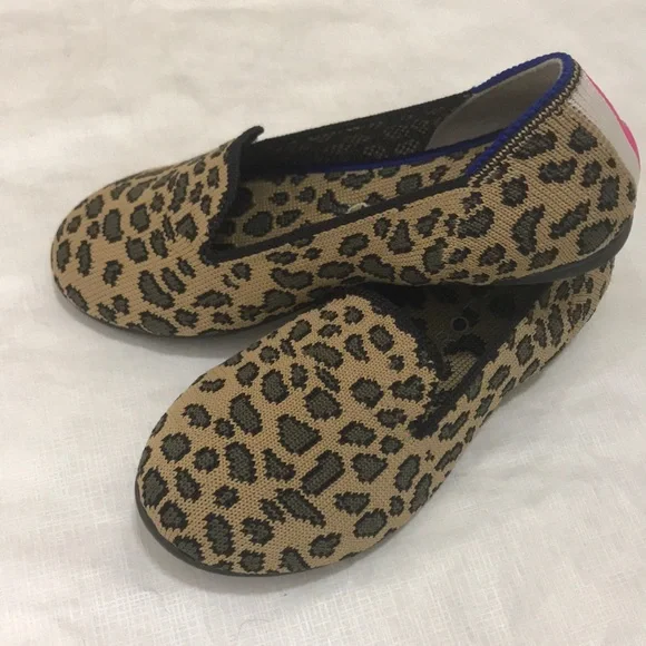 Rothy's Kids Leopard Print loafers with Pink & Blue Accents