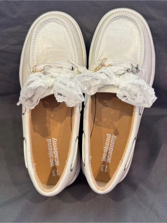 Weekend Academy white loafers with lace and shoe charms.  Sz 13