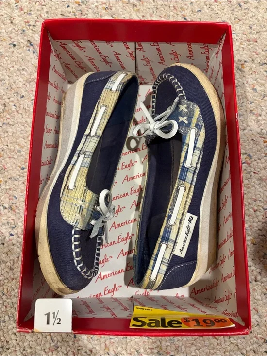 American Eagle Outfitters Navy and Plaid Kids Moccasins